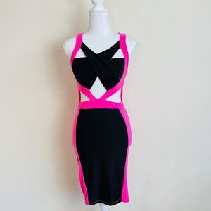 Fashion Nova Slinky Hot Pink Black Strappy Harness Colorblock Bodycon Midi Dress
